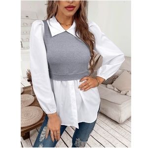 Solid Vest Over Shirt Button Detail Collar Blouse